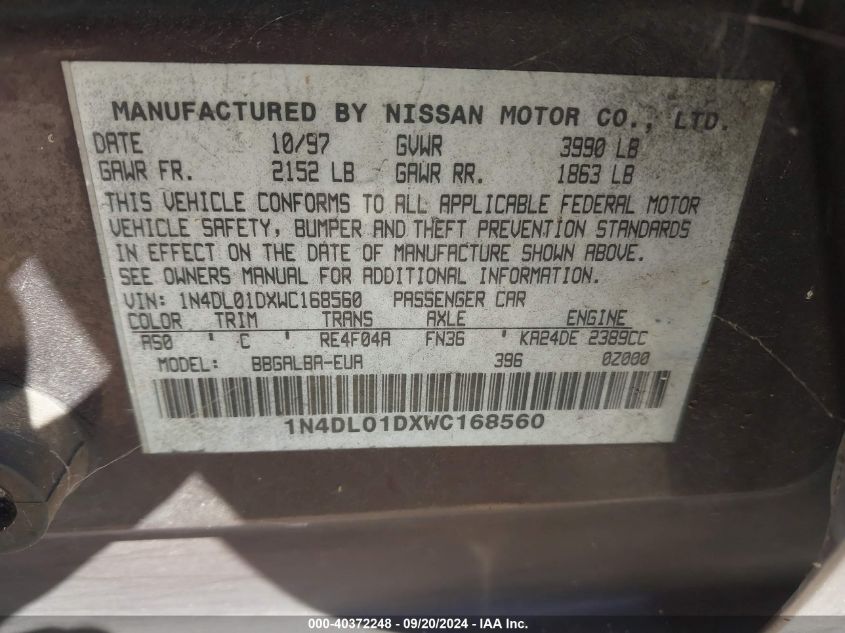 1N4DL01DXWC168560 1998 Nissan Altima Gle/Gxe/Se/Xe