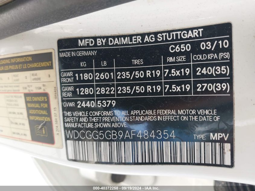 WDCGG5GB9AF484354 2010 Mercedes-Benz Glk 350