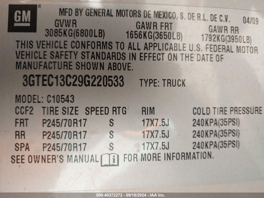 2009 GMC Sierra 1500 Sl VIN: 3GTEC13C29G220533 Lot: 40372272