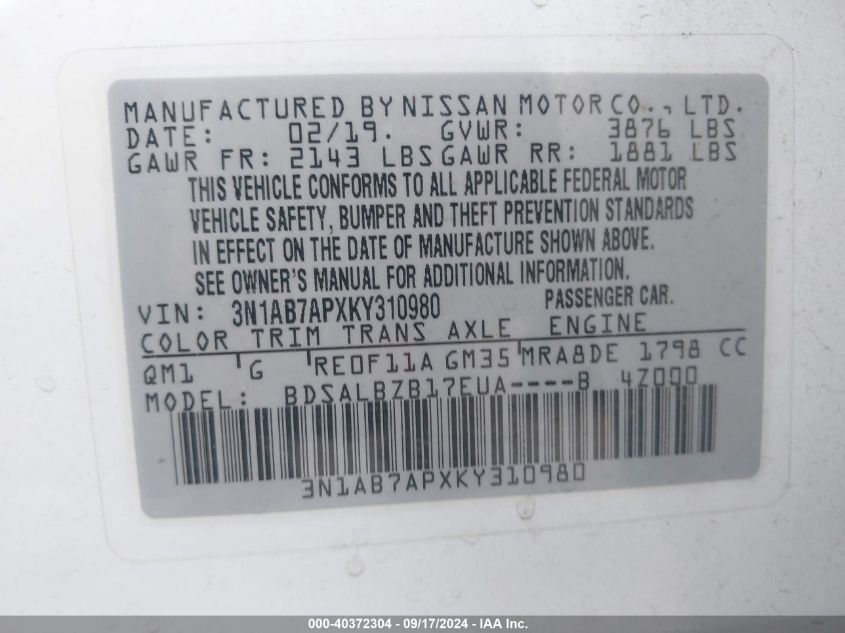 VIN 3N1AB7APXKY310980 2019 NISSAN SENTRA S