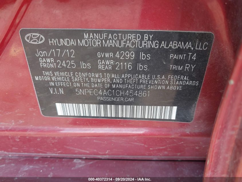 5NPEC4AC1CH454861 2012 Hyundai Sonata Se