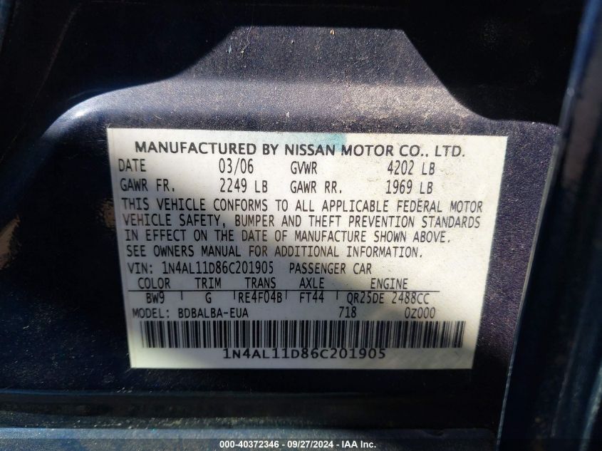 1N4AL11D86C201905 2006 Nissan Altima S/Sl