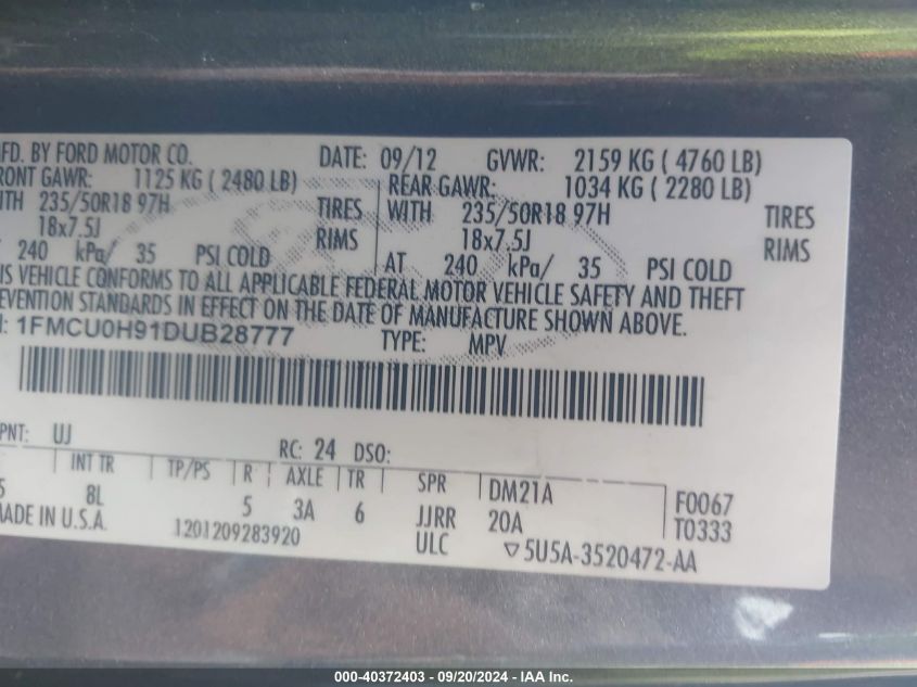 1FMCU0H91DUB28777 2013 Ford Escape Sel