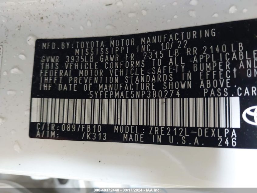 VIN 5YFEPMAE5NP380274 2022 TOYOTA COROLLA LE