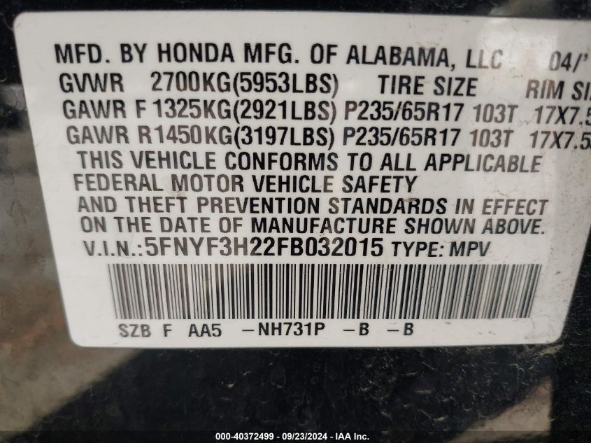 2015 Honda Pilot Lx VIN: 5FNYF3H22FB032015 Lot: 40372499