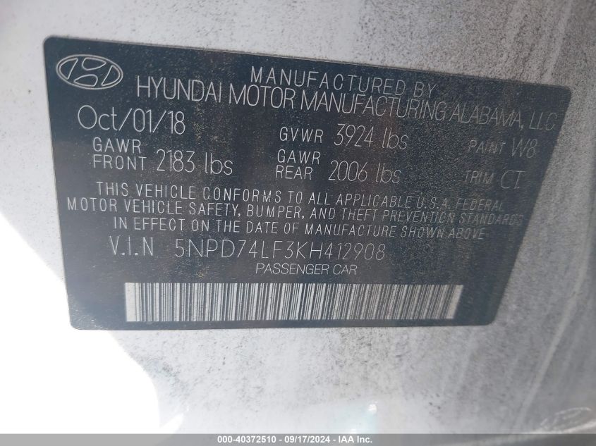 2019 Hyundai Elantra Se VIN: 5NPD74LF3KH412908 Lot: 40372510