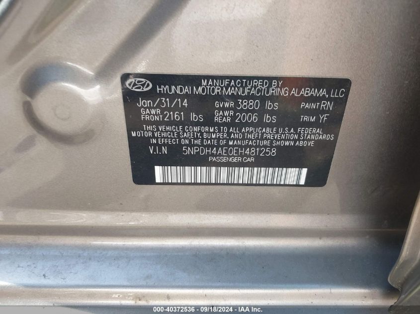 5NPDH4AE0EH481258 2014 Hyundai Elantra Se/Sport/Limited