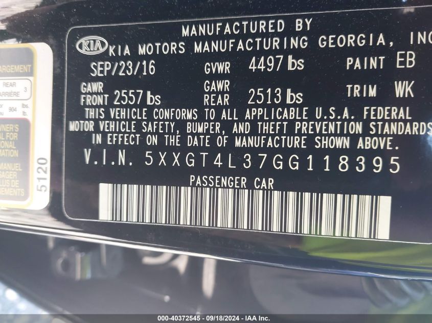 5XXGT4L37GG118395 2016 Kia Optima Lx