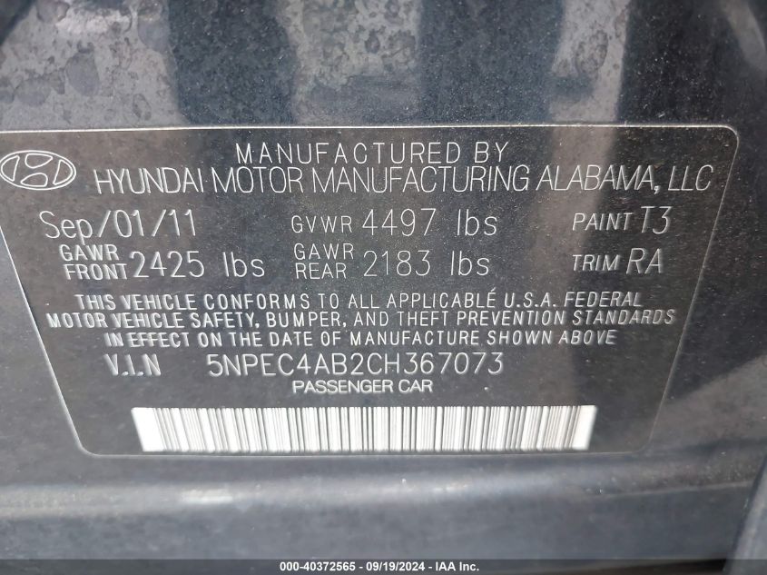 5NPEC4AB2CH367073 2012 Hyundai Sonata Limited 2.0T