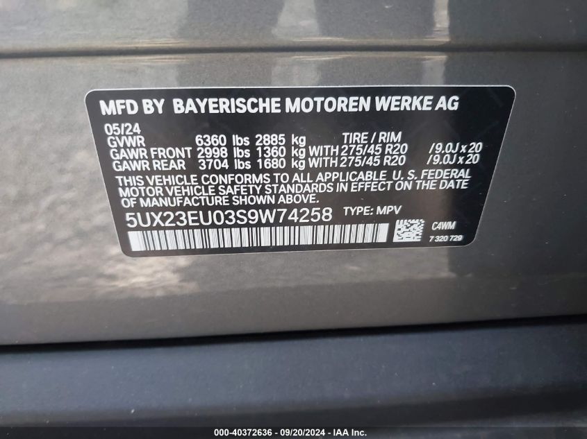 2025 BMW X5 xDrive40I VIN: 5UX23EU03S9W74258 Lot: 40372636