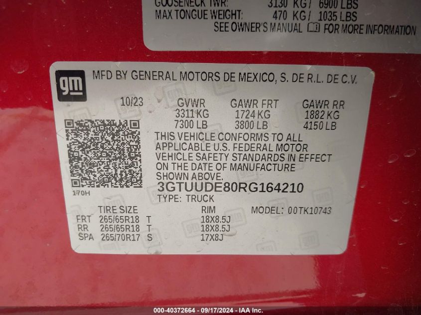 2024 GMC Sierra 1500 4Wd Standard Box Slt VIN: 3GTUUDE80RG164210 Lot: 40372664