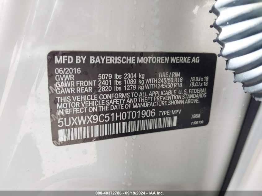 VIN 5UXWX9C51H0T01906 2017 BMW X3, Xdrive28I no.9