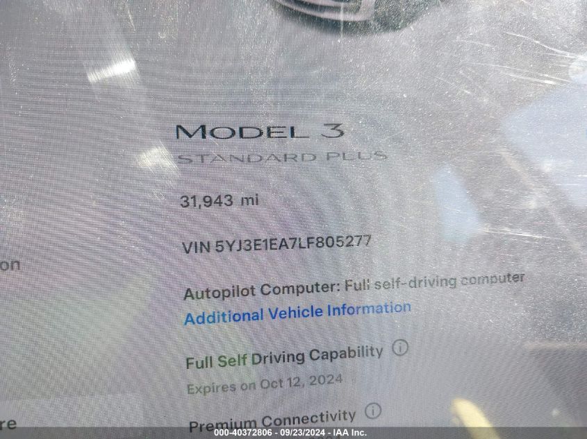 2020 Tesla Model 3 Standard Range Plus Rear-Wheel Drive/Standard Range Rear-Wheel Drive VIN: 5YJ3E1EA7LF805277 Lot: 40372806