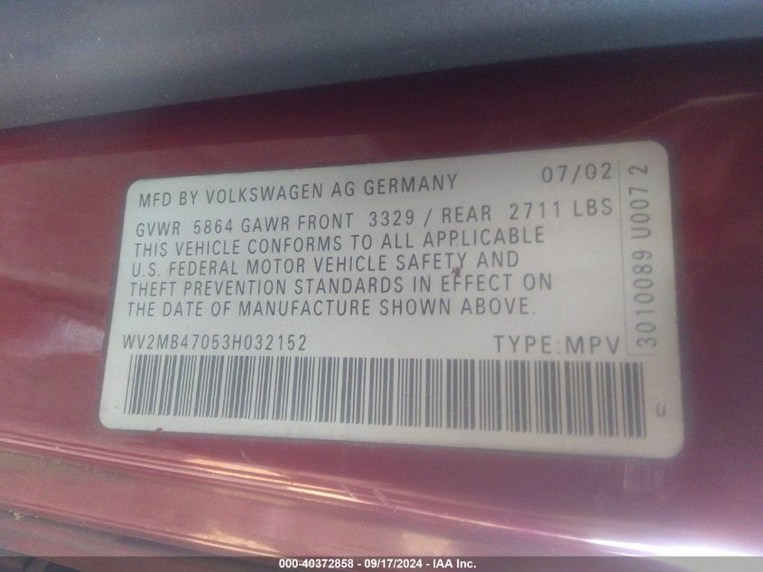 WV2MB47053H032152 2003 Volkswagen Eurovan Mv