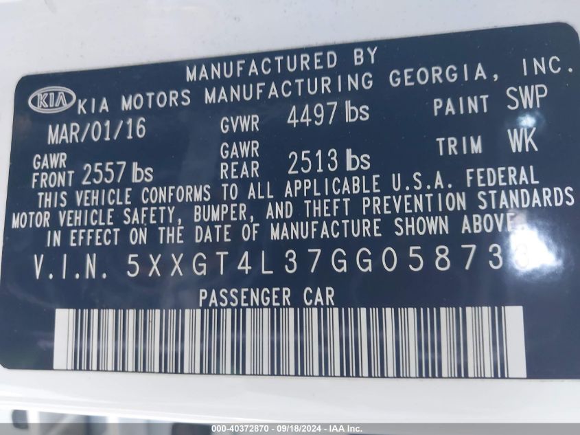 5XXGT4L37GG058733 2016 Kia Optima Lx