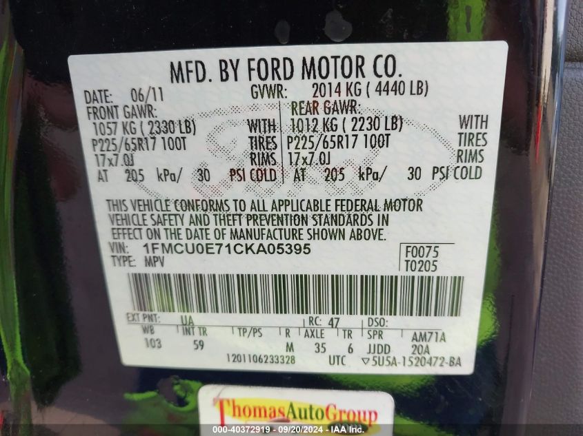 1FMCU0E71CKA05395 2012 Ford Escape Limited