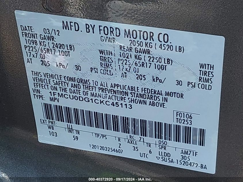 1FMCU0DG1CKC45113 2012 Ford Escape Xlt