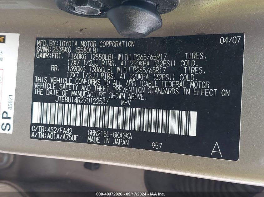 2007 Toyota 4Runner Sr5 V6 VIN: JTEBU14R270122537 Lot: 40372926
