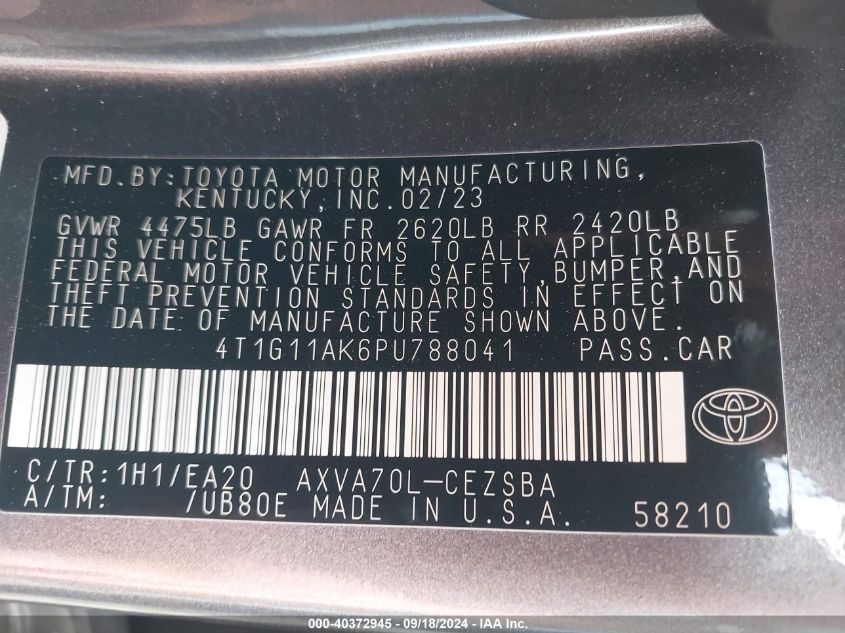 4T1G11AK6PU788041 2023 Toyota Camry Se