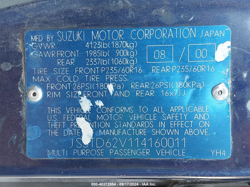 JS3TD62V114160011 2001 Suzuki Grand Vitara Jlx/Jlx+/Limited