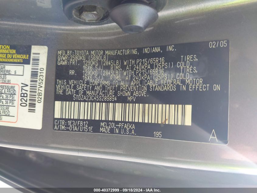 5TDZA23C45S289894 2005 Toyota Sienna Le