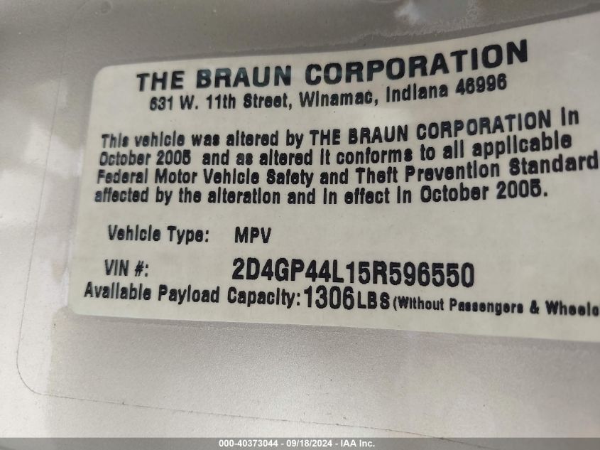 2005 Dodge Grand Caravan Sxt VIN: 2D4GP44L15R596550 Lot: 40373044