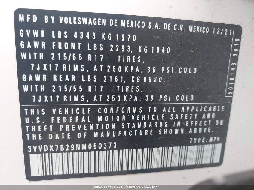 2022 Volkswagen Taos 1.5T S VIN: 3VVDX7B29NM050373 Lot: 40373046