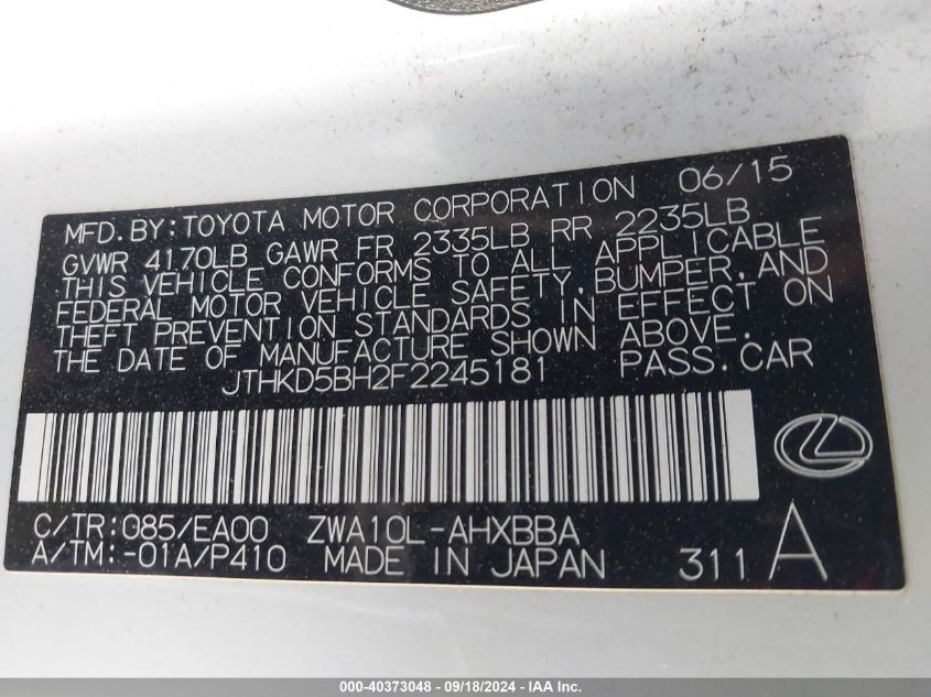 JTHKD5BH2F2245181 2015 Lexus Ct 200