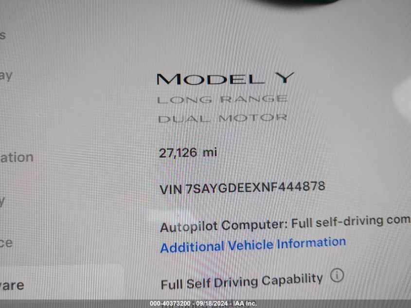 2022 Tesla Model Y VIN: 7SAYGDEEXNF444878 Lot: 40373200