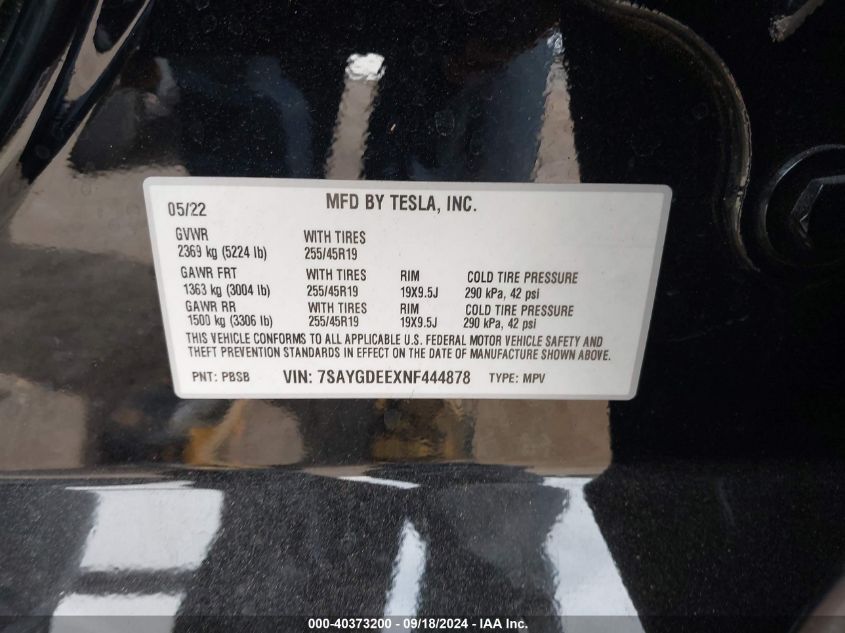 7SAYGDEEXNF444878 2022 Tesla Model Y