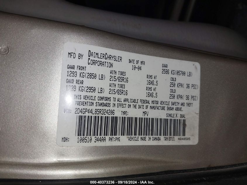 2D4GP44L85R324206 2005 Dodge Grand Caravan Sxt