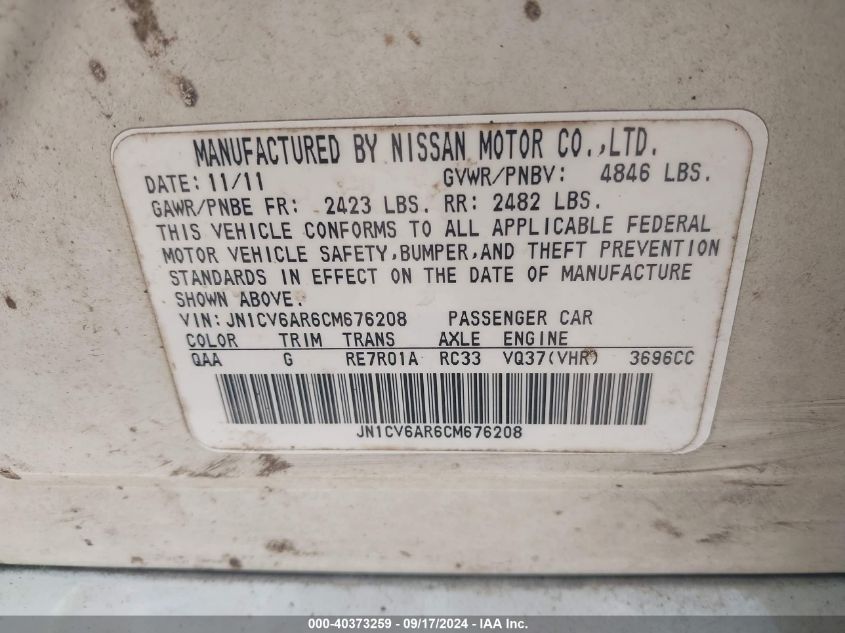 2012 Infiniti G37X VIN: JN1CV6AR6CM676208 Lot: 40373259