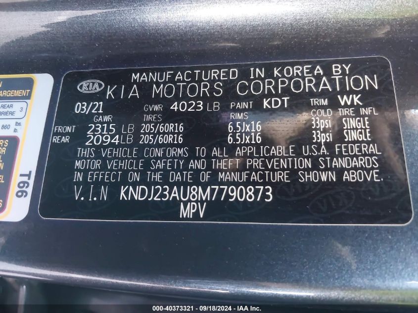 VIN KNDJ23AU8M7790873 2021 KIA Soul, S no.9