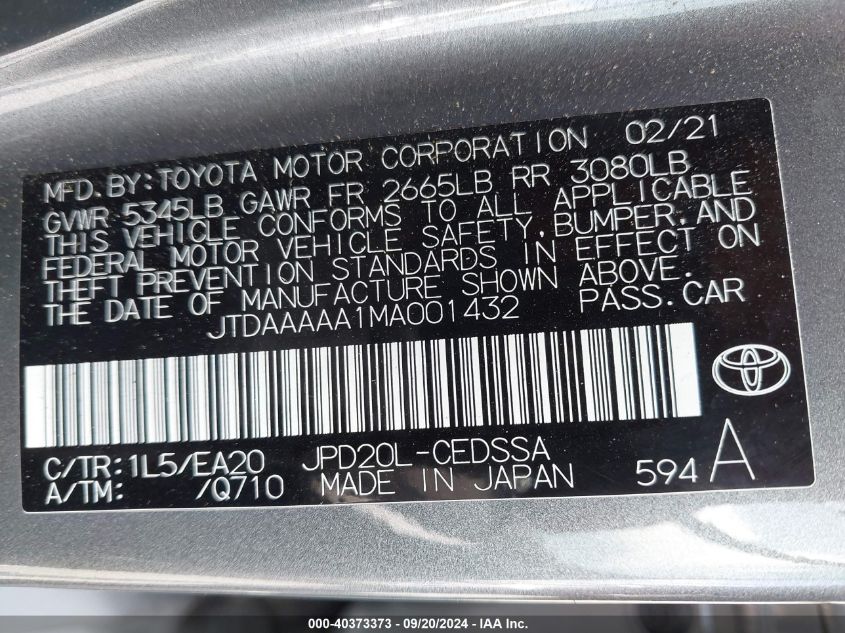 2021 Toyota Mirai Xle VIN: JTDAAAAA1MA001432 Lot: 40373373