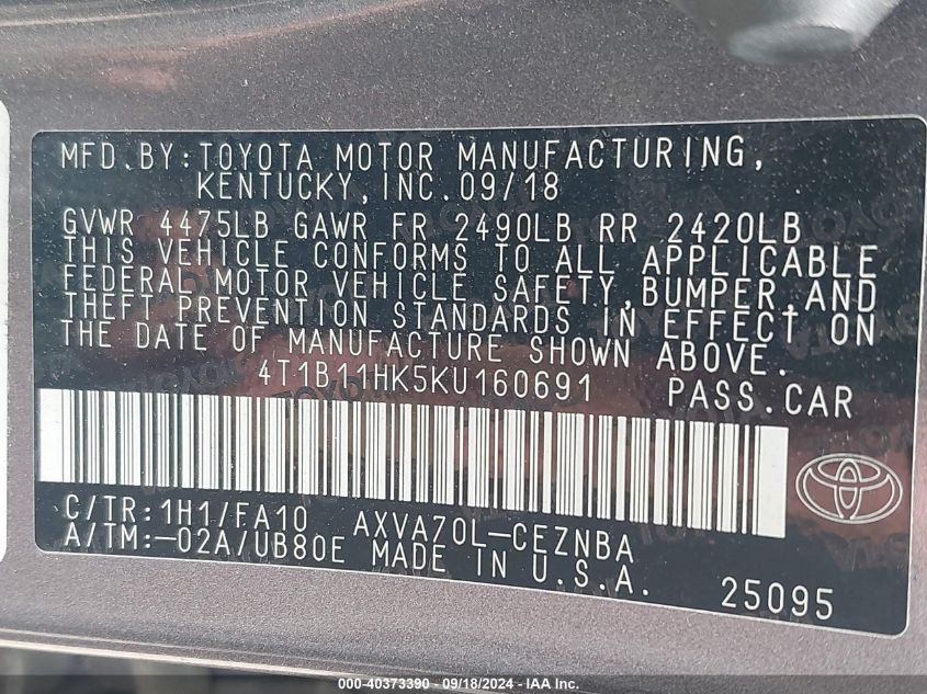 4T1B11HK5KU160691 2019 Toyota Camry Le