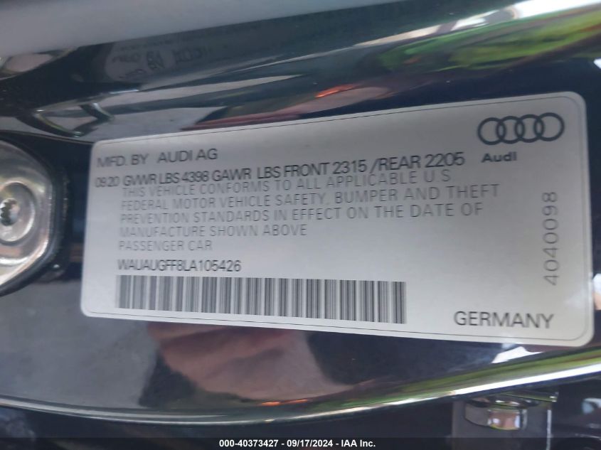 2020 Audi A3 Premium 40 Tfsi Front-Wheel Drive S Tronic VIN: WAUAUGFF8LA105426 Lot: 40373427