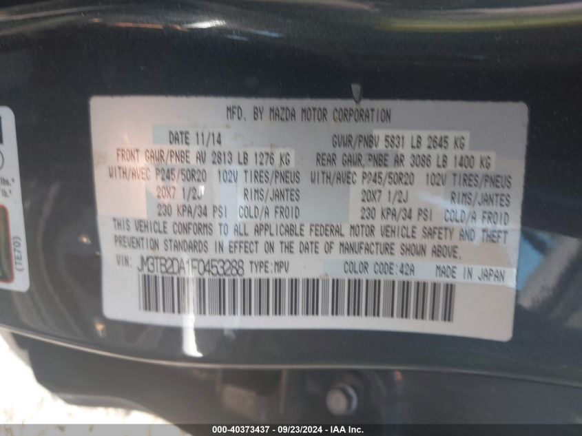 JM3TB2DA1F0453288 2015 Mazda Cx-9 Grand Touring