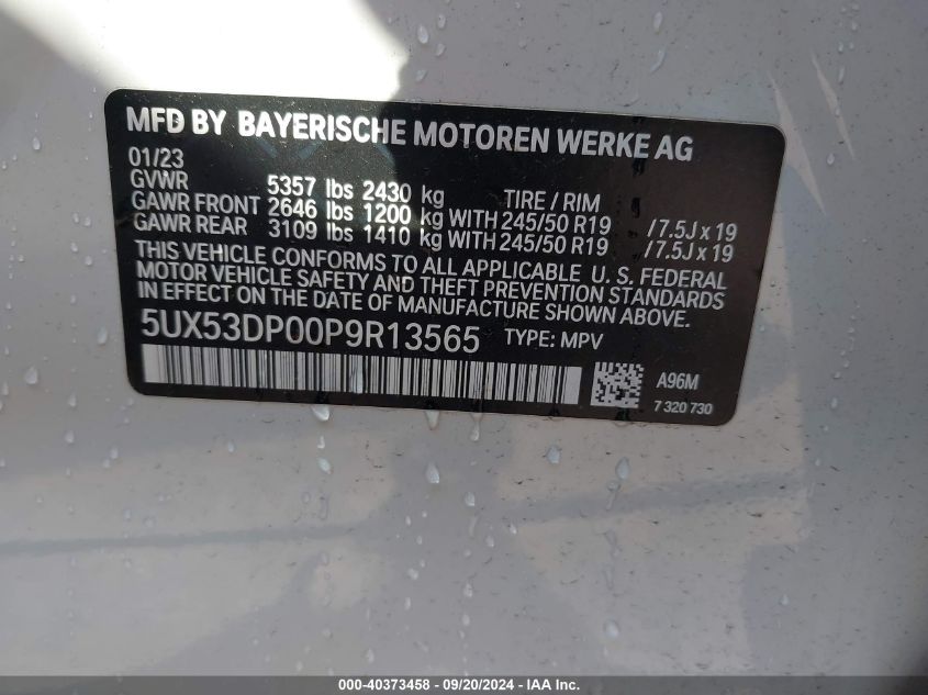 2023 BMW X3 xDrive30I VIN: 5UX53DP00P9R13565 Lot: 40373458