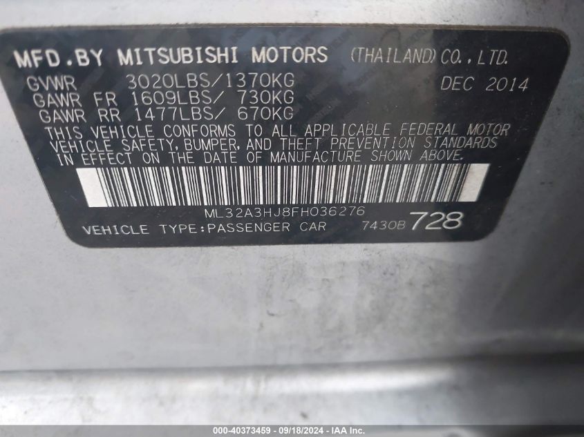 ML32A3HJ8FH036276 2015 Mitsubishi Mirage De