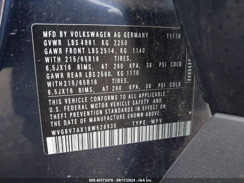 2011 Volkswagen Tiguan S VIN: WVGBV7AX1BW528835 Lot: 40373476