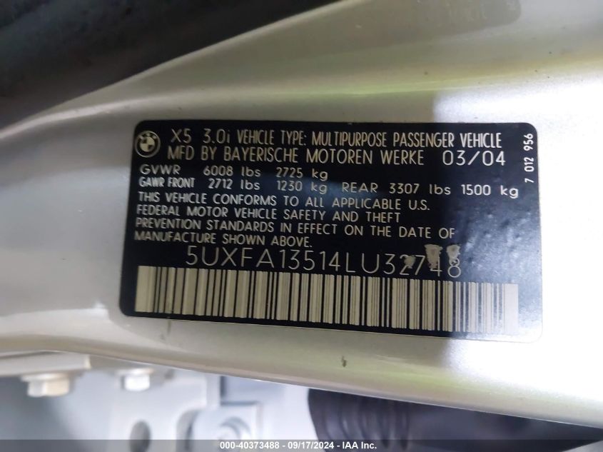 5UXFA13514LU32748 2004 BMW X5 3.0I