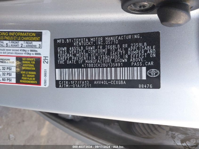 4T1BB3EK2BU135891 2011 Toyota Camry Hybrid