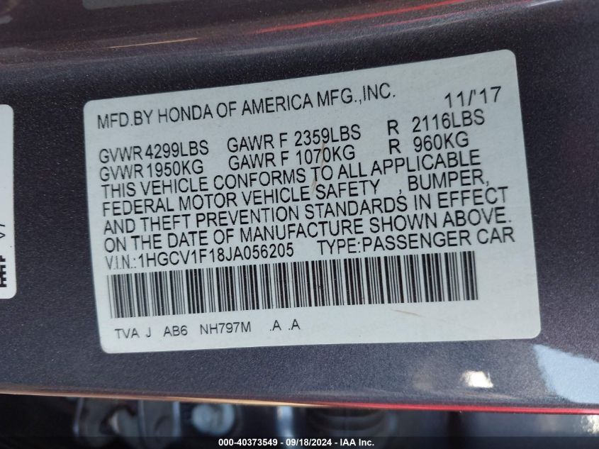 1HGCV1F18JA056205 2018 Honda Accord Lx