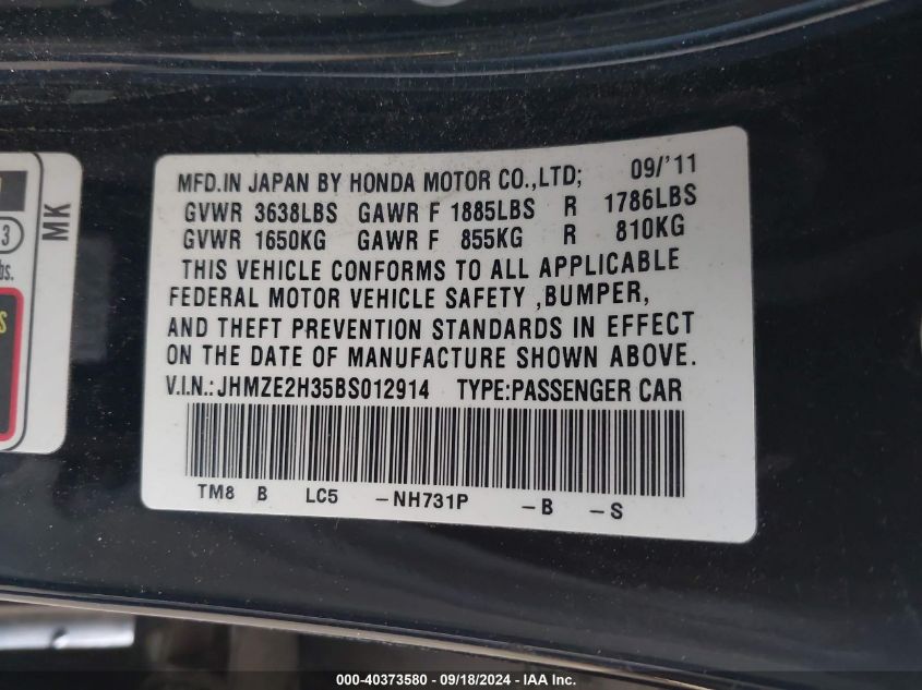 JHMZE2H35BS012914 2011 Honda Insight