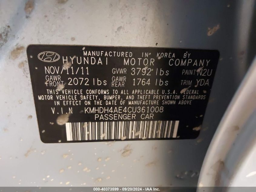 2012 Hyundai Elantra Gls (Ulsan Plant) VIN: KMHDH4AE4CU361008 Lot: 40373599