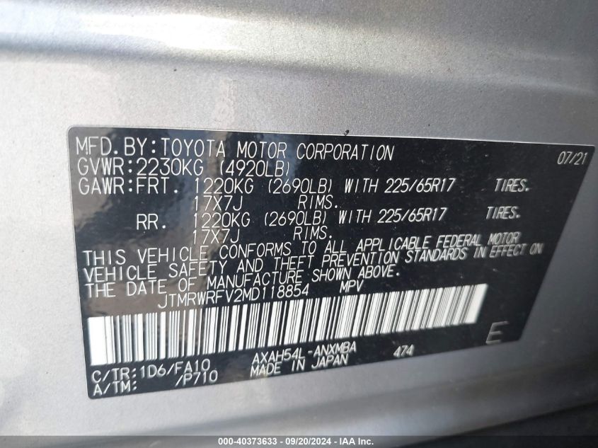 2021 Toyota Rav4 Hybrid Xle VIN: JTMRWRFV2MD118854 Lot: 40373633