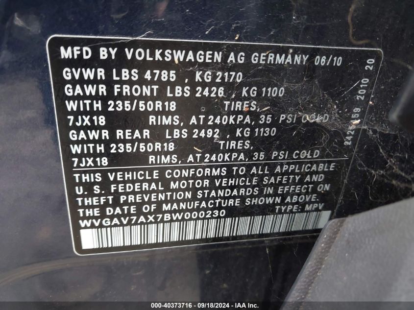 WVGAV7AX7BW000230 2011 Volkswagen Tiguan Sel