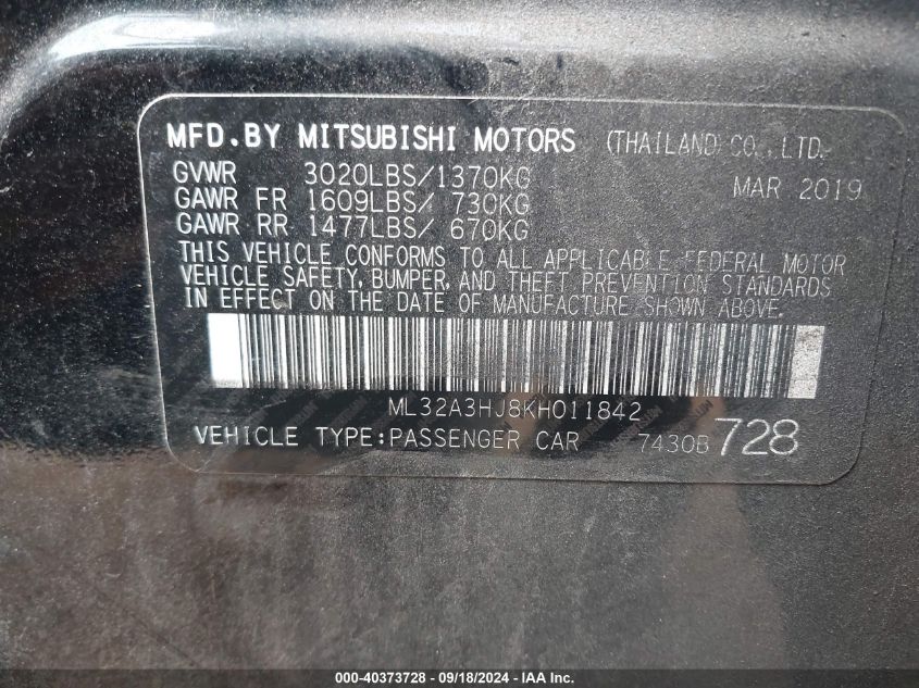 2019 Mitsubishi Mirage Es/Rf VIN: ML32A3HJ8KH011842 Lot: 40373728