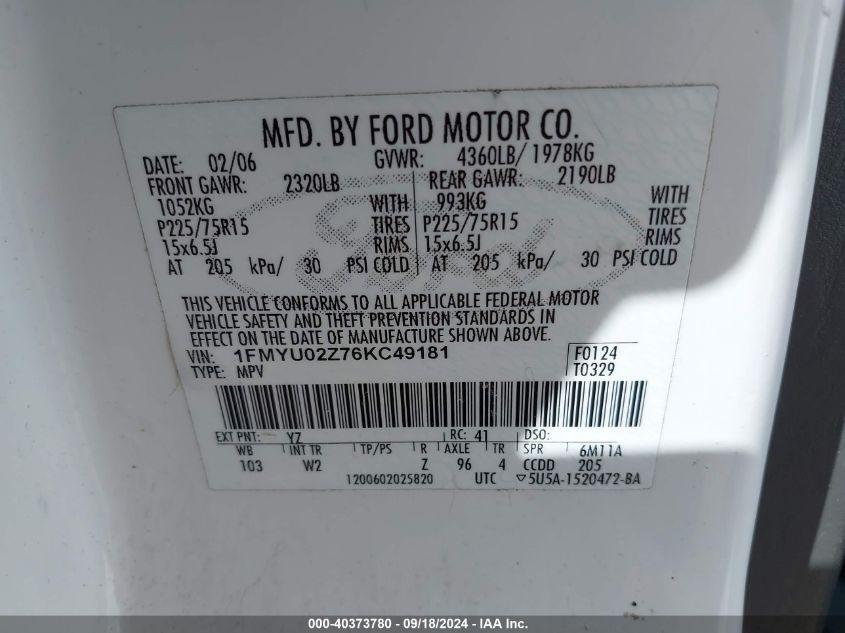 1FMYU02Z76KC49181 2006 Ford Escape Xls/Xls Manual