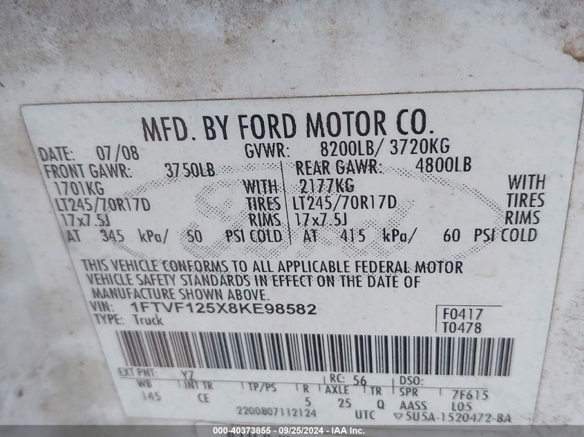 2008 Ford F-150 Xl/Xlt VIN: 1FTVF125X8KE98582 Lot: 40373855